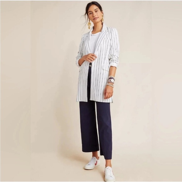 ANTHROPOLOGIE LONGLINE THIN STRIPE OPEN FRONT BLAZER POCKETS SIZE SMALL NWT - Picture 13 of 14
